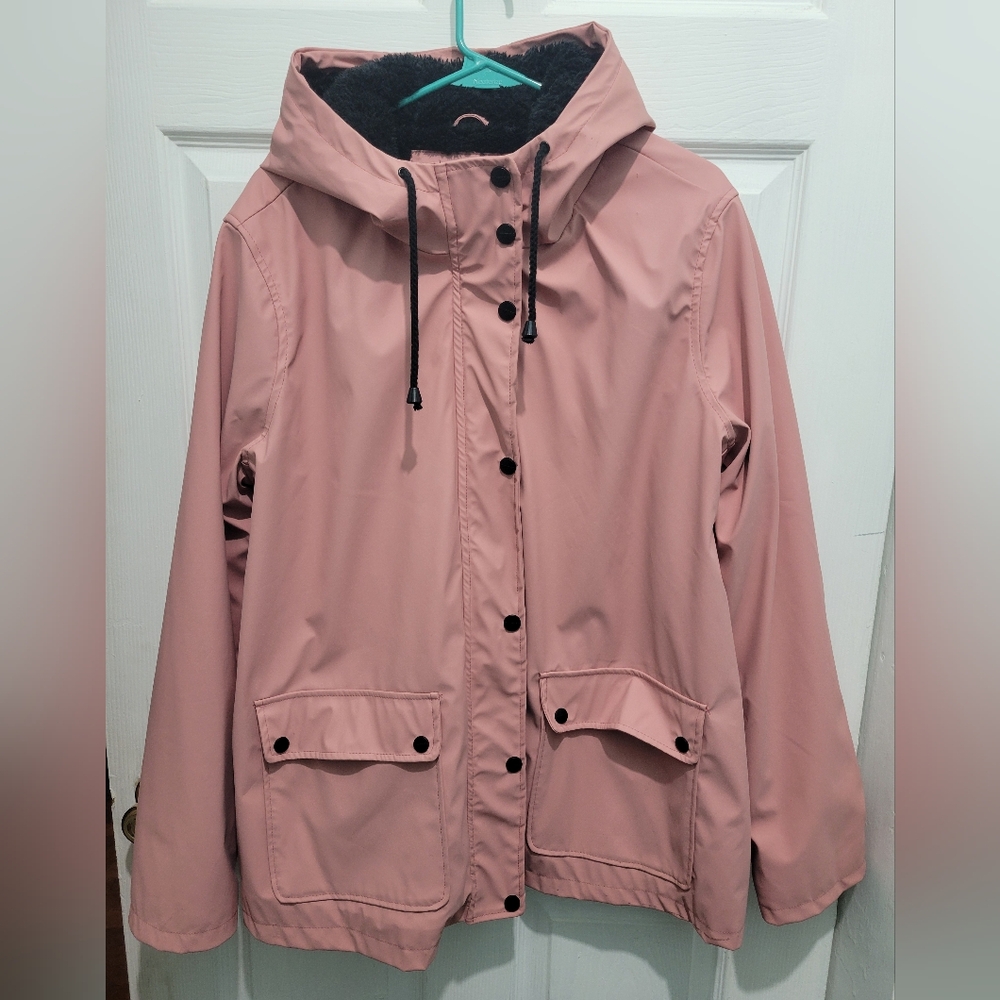 Urban Republic Womens Faux Fur Lined Raincoat In Pink/Black Size XL
